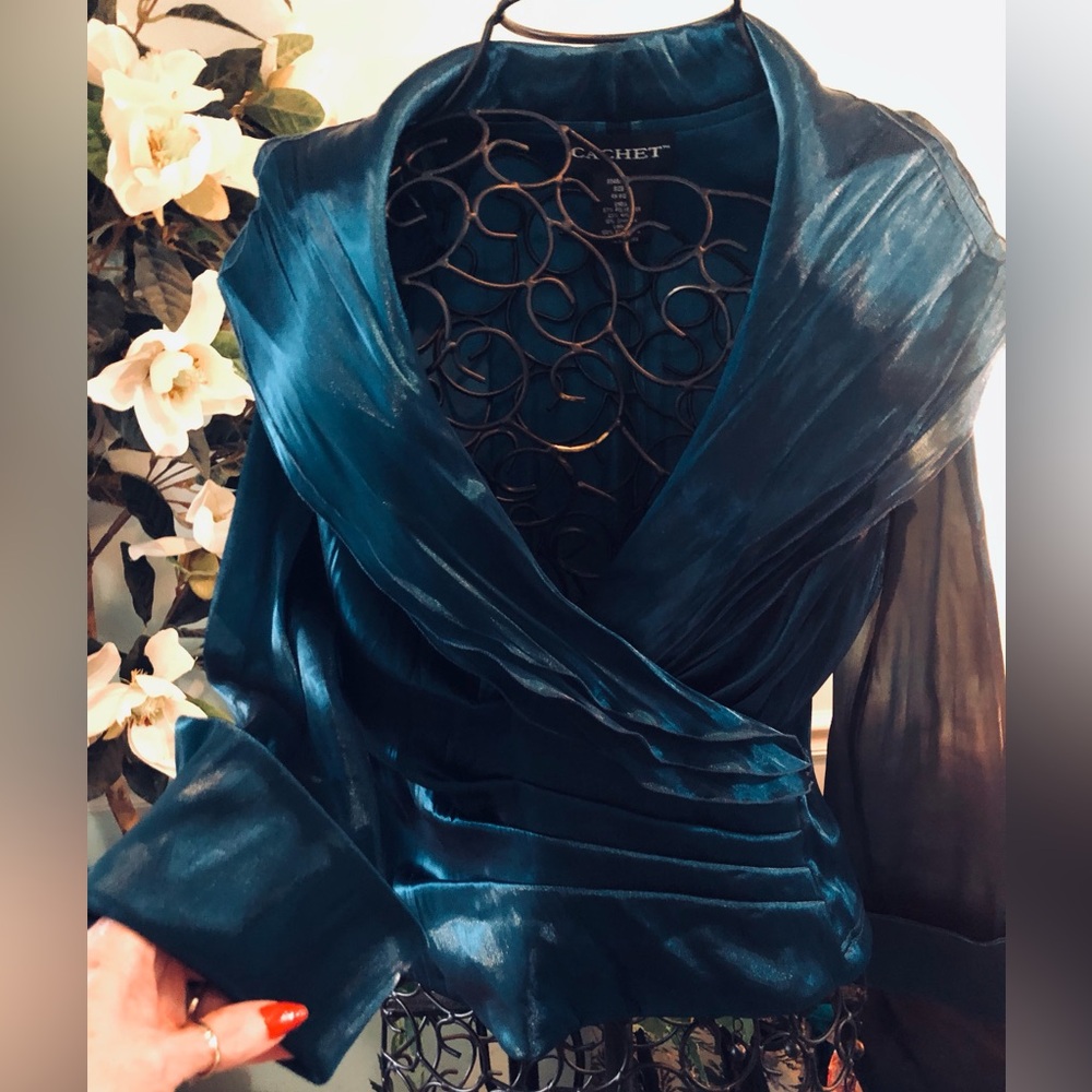 Cachet Women's Deep Blue Teal Satin Blouse - Picture 1 of 12
